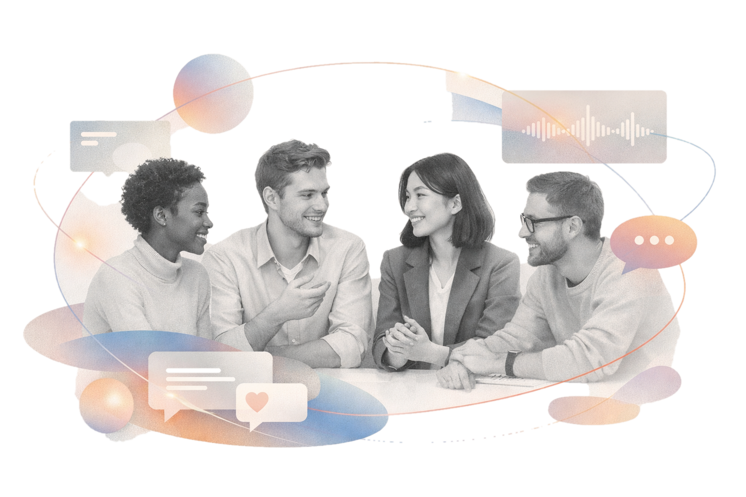 İletişim ikonlarıyla birlikte sohbet eden dört kişiyi gösteren illüstrasyon