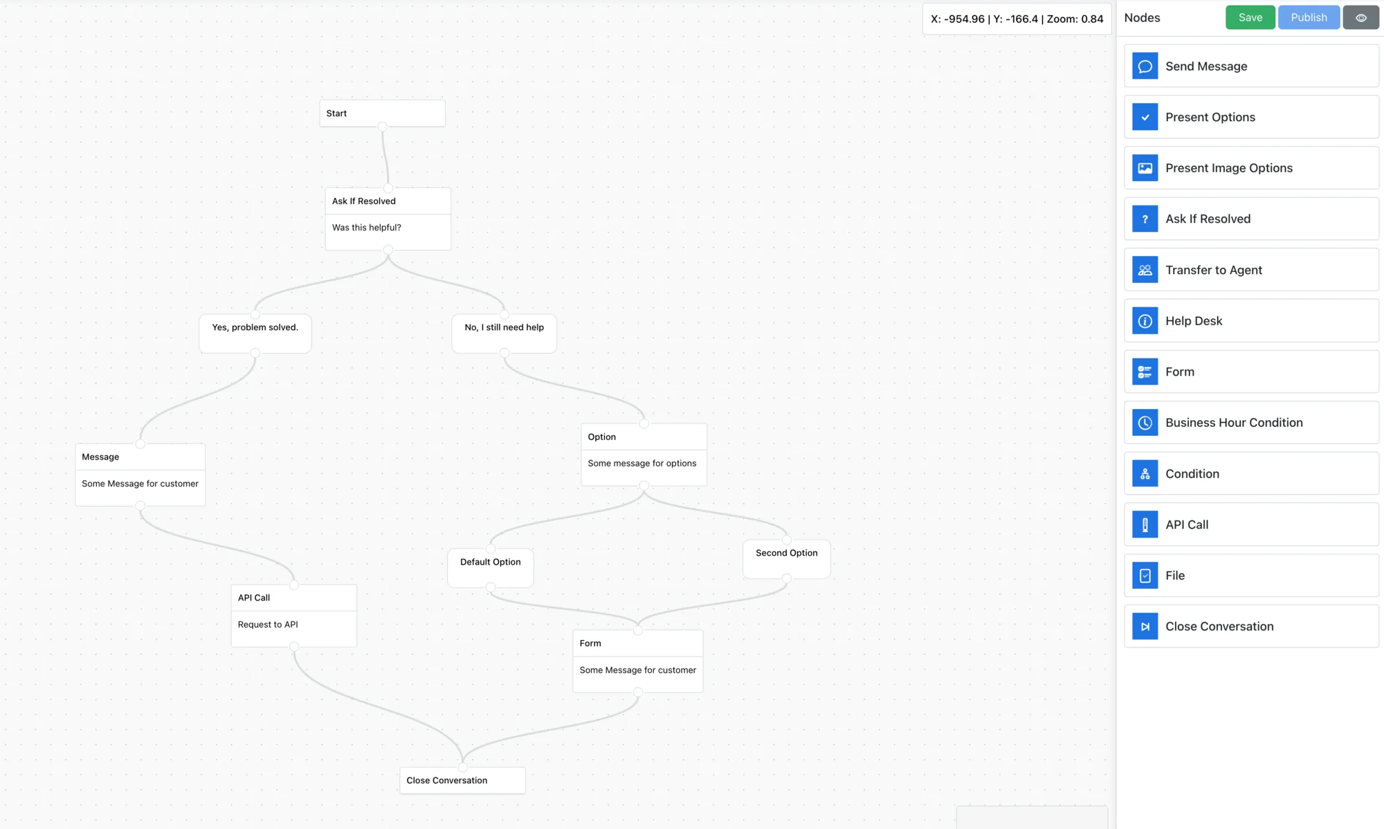XONChat flow builder routing a conversation through conditions, a form and an API call