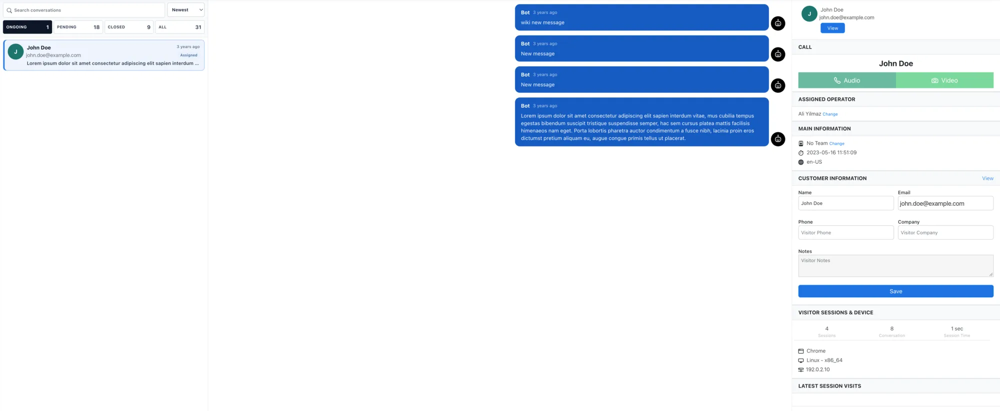 XONChat shared inbox with ongoing, pending and closed conversation tabs